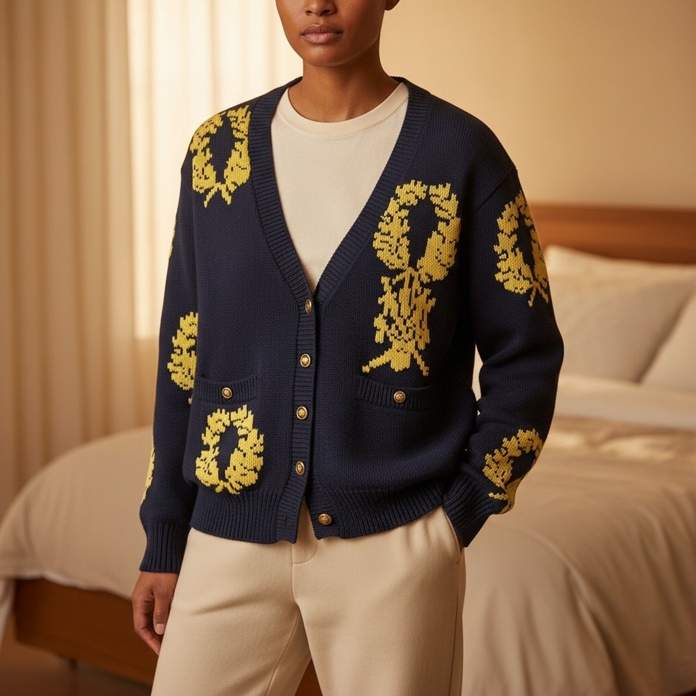 J Christopher Vintage Navy Blue Cotton Cardigan Yellow Laurel Wreath Crest Med.